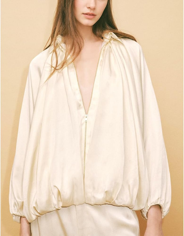 Womens Puffed Bomber Jacket Casual Batwing Sleeve Lapel Collar Zip Shirts Oversized Pleated Stree... | Amazon (US)