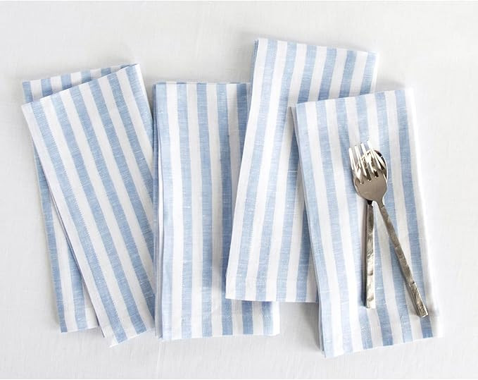 Solino Home Linen Napkins Set of 4-100% Pure Linen Amalfi Stripe Sky Blue and White Cloth Dinner ... | Amazon (US)