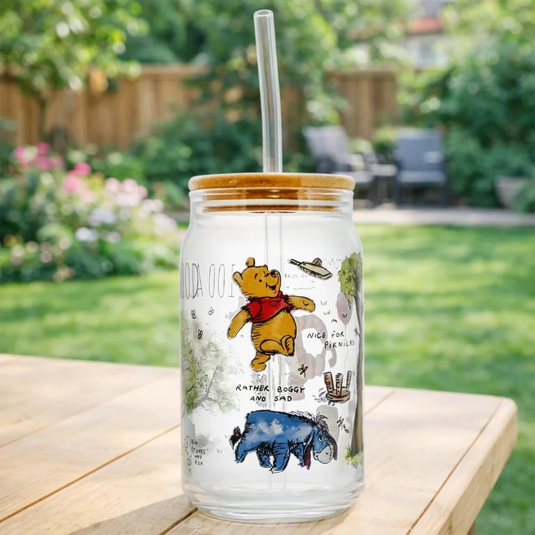 Winnie the Pooh Glass Tumbler with Bamboo Lid and Glass Straw, 16 fl oz | Walmart (US)