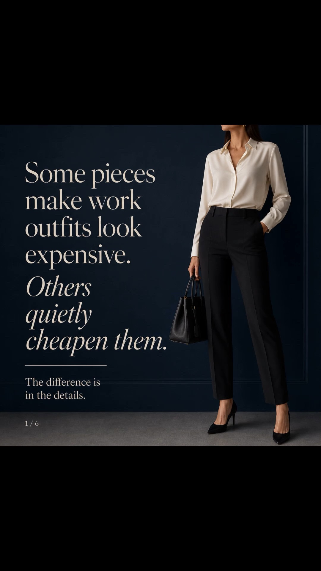 Some pieces make work outfits look expensive.

Others quietly cheapen them.

And most of the time, the difference is not the price tag.

It is the signal.

Flimsy fabric weakens the line.
Structured fabric holds shape.

A slouchy bag can make the outfit feel unfinished.
A structured bag adds polish.

Worn shoes quietly cheapen the look.
Clean, sharp shoes finish it.

Too many details create noise.
Minimal finishing pieces keep the outfit intentional.

The goal is not to buy more.

The goal is to choose pieces that make the whole outfit look sharper, cleaner, and more expensive.

Start with the base.
Fix the signals.
Then shop with intention.

Save this before your next workwear refresh.

Shop the polished workwear formula on LTK.

Comment FORMULA if you want the link.