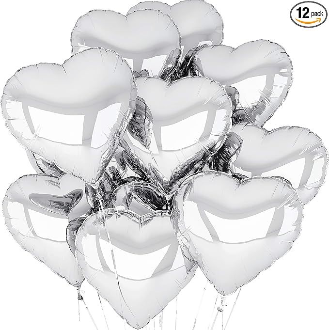 Silver Heart Balloons 12 PACK Metallic Valentines Day Decorations Foil Heart Shaped Balloon | Amazon (US)
