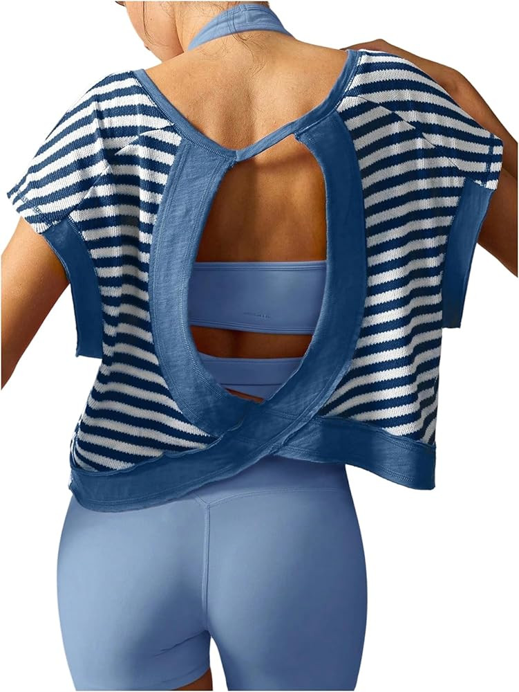 Milumia Women's Striped Open Back Workout Crop Tops Backless Short Sleeve Athletic T Shirts Gym Y... | Amazon (US)