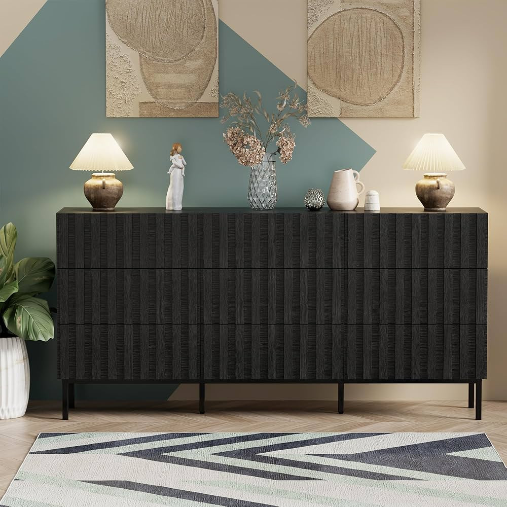 UEV Black Fluted Dresser for Bedroom, 59" Wide Wood 9 Drawer Dresser, Mid Century Modern Storage ... | Amazon (US)