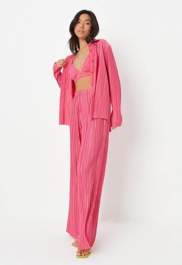 Missguided - Pink Co Ord Plisse Oversized Shirt | Missguided (UK & IE)