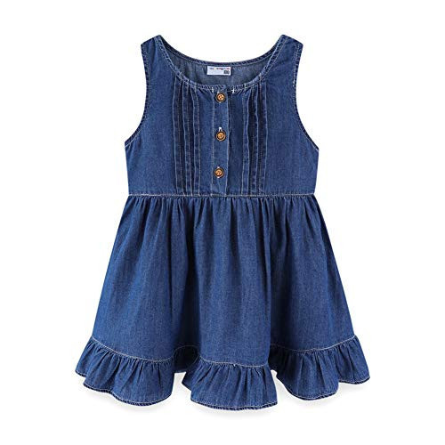 Mud Kingdom Toddler Girl Denim Dress Plain Color Ruffled Hem Jumper Button Down and Sleeveless Casual Sundress Dark Blue 4T | Amazon (US)