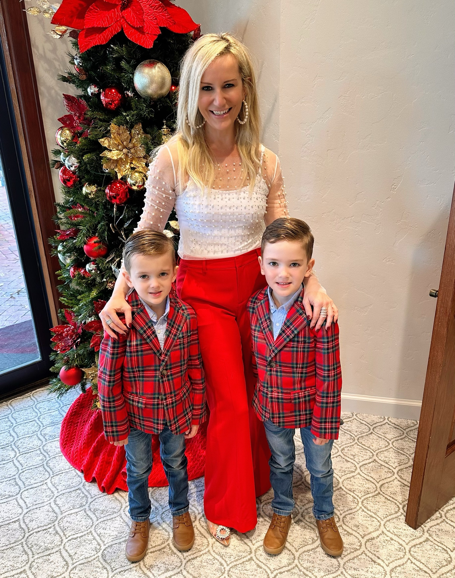 Holiday festive attire for breakfast with Santa! My pants, shoes and earrings are sold out, but I linked some super similar ones!!