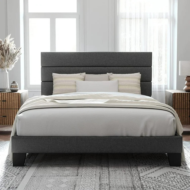 Allewie Queen Size Platform Bed Frame with Fabric Upholstered Headboard, No Box Spring Needed, Da... | Walmart (US)
