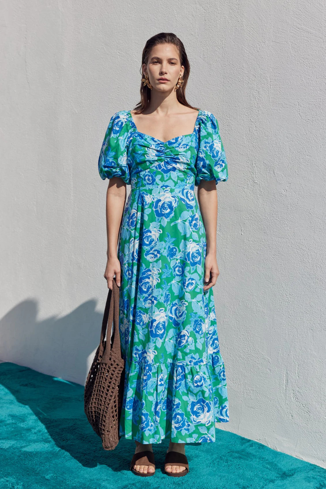 Floral Tie Back Puff Sleeve Maxi Dress | English Factory