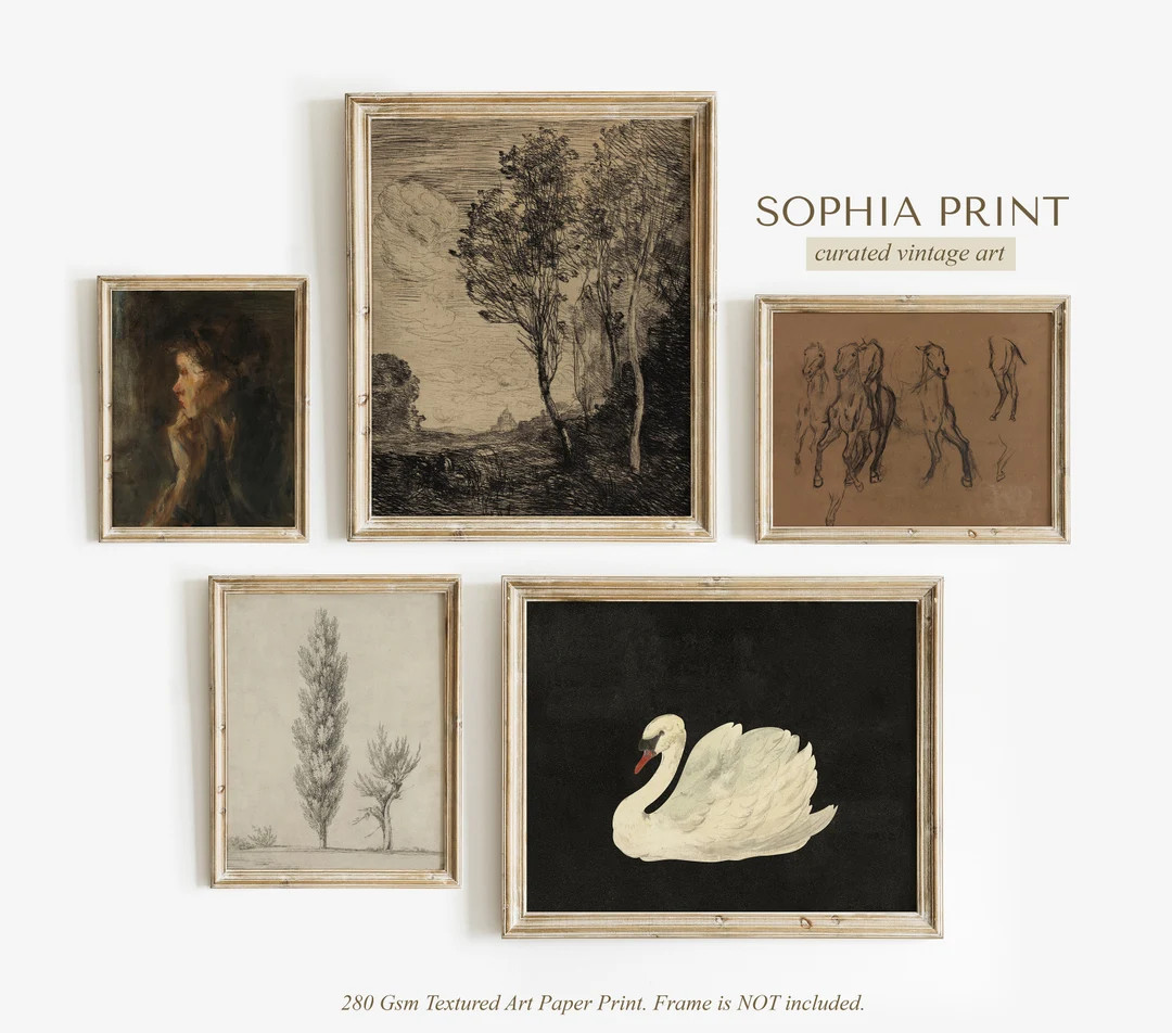 Moody Gallery Set, PRINT SET of 5, Vintage Print Set, Black and Brown Tone Prints, Rustic Farmhou... | Etsy (US)