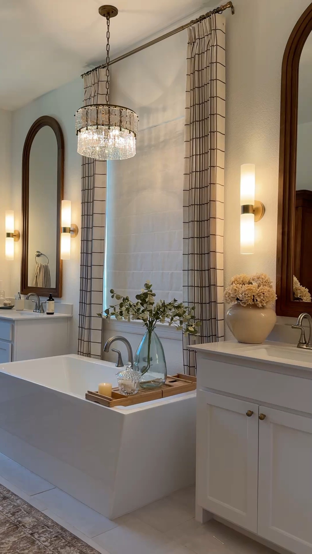 Mirror, chandelier, bathroom inspo, primary bathroom, home decor, lighting, sconces, vase, floor mirror