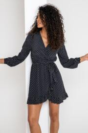Kelly Woven Viscose Balloon Sleeve Frill Wrap Dress - Black Spot | Pour Moi