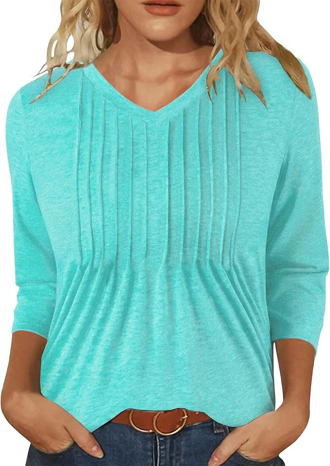 IEEILULU 3/4 Length Sleeve Womens Tops V Neck T Shirts Casual Pleated Tunic for Women Fashion Loo... | Amazon (US)