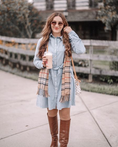 Festive Thanksgiving outfit idea 💡 @amazonfashion This flannel shirt dress and knee high boots fit TTS. I love this designer inspired scarf.
Fall outfits • flannels 

#LTKHoliday #LTKstyletip #LTKunder50