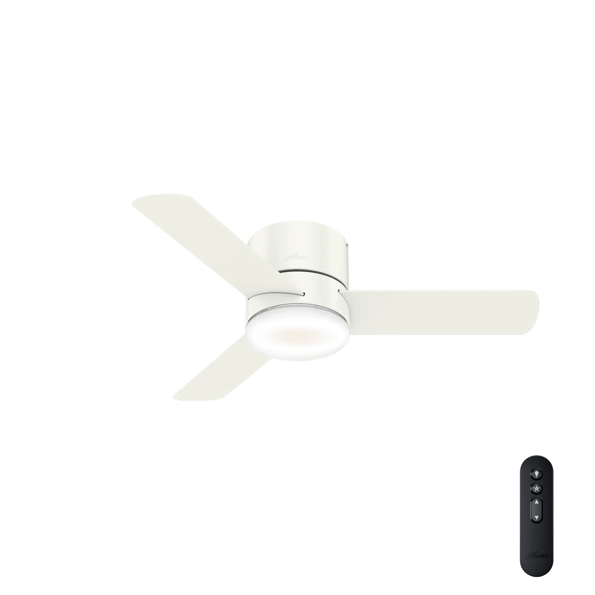 Hunter Minimus 44-in Fresh White with Natural Wood/Fresh White Blades Integrated LED Indoor Flush Mount Ceiling Fan with Light and Remote (3-Blade) | Lowe's