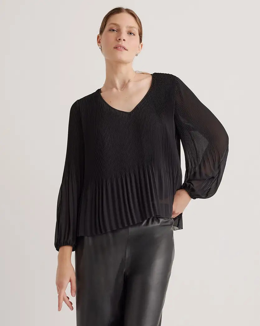 Chiffon Pleated V-Neck Blouse | Quince