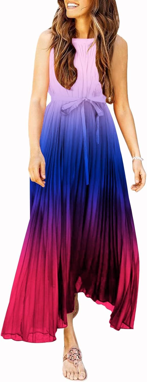 Paintcolors Women's Casual Halter Sleeveless Pleated Long Maxi Dress Backless Loose Ombre Summer ... | Amazon (US)