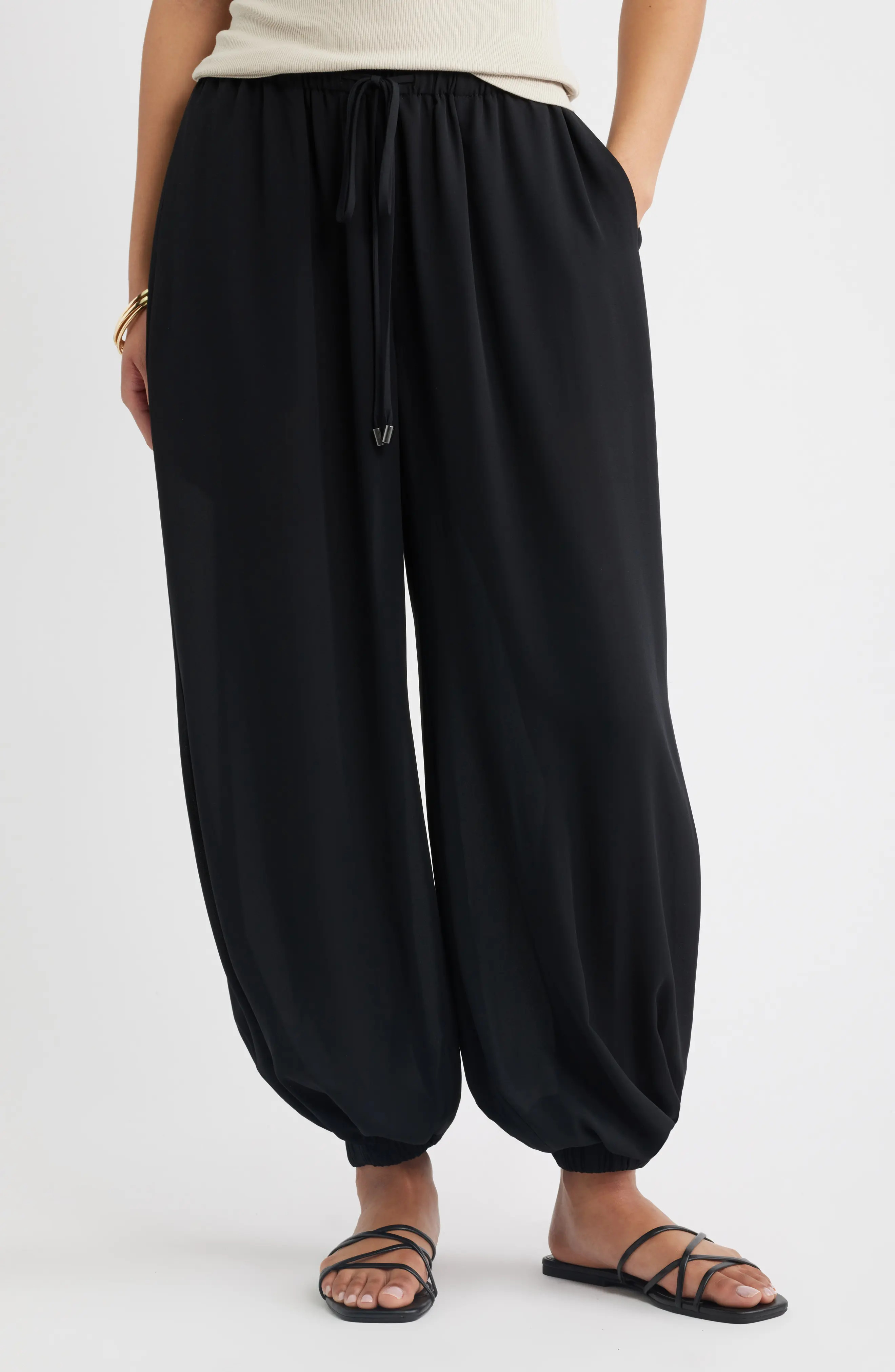 Open Edit Tie Waist Balloon Pants in Black at Nordstrom, Size Xx-Small | Nordstrom
