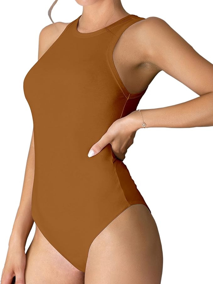 MANGDIUP Womens Basic Sleeveless Crewneck Bodysuits Slim Fit Stretch Cotton Tank Tops Halter Jump... | Amazon (US)