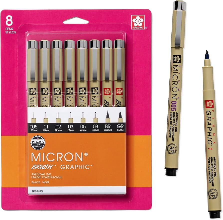 Sakura Pigma Micron, Graphic & Brush Fineline Pens, Archival Black Ink, 8 PK 30067 | Amazon (US)