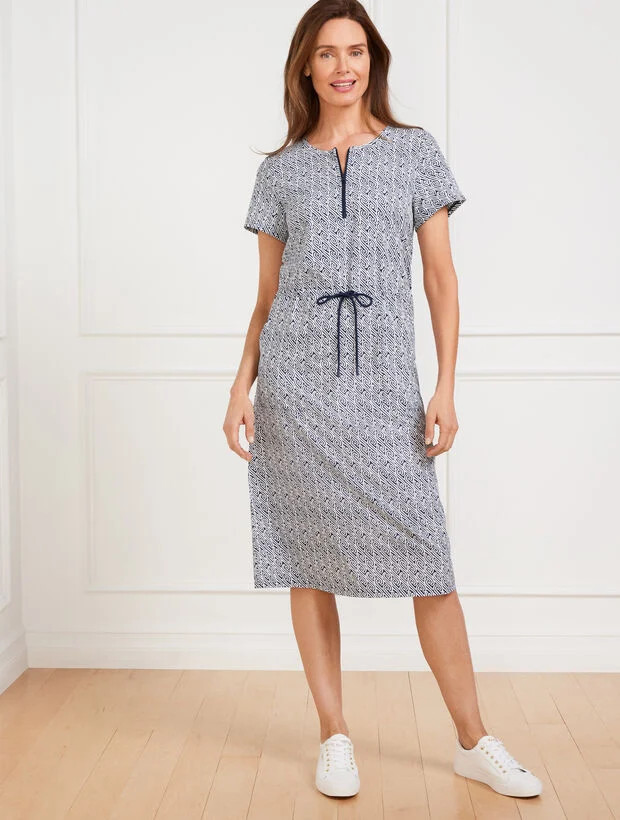 Lightweight Woven Stretch Drawstring Waist Dress - Water Swirls | Talbots