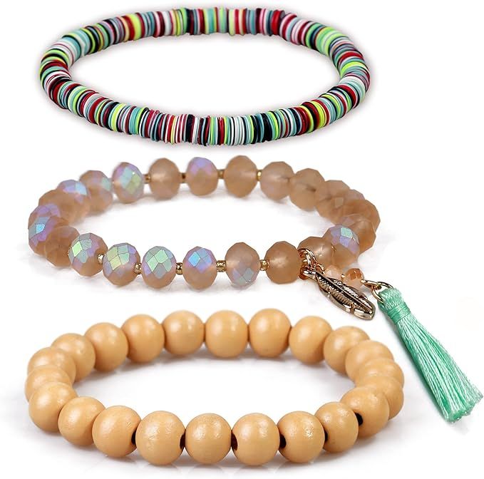 Stackable Beaded Bracelets for Women, Beach Charm Bracelet Layered Rainbow Vinyl Disc Crystal Woo... | Amazon (US)