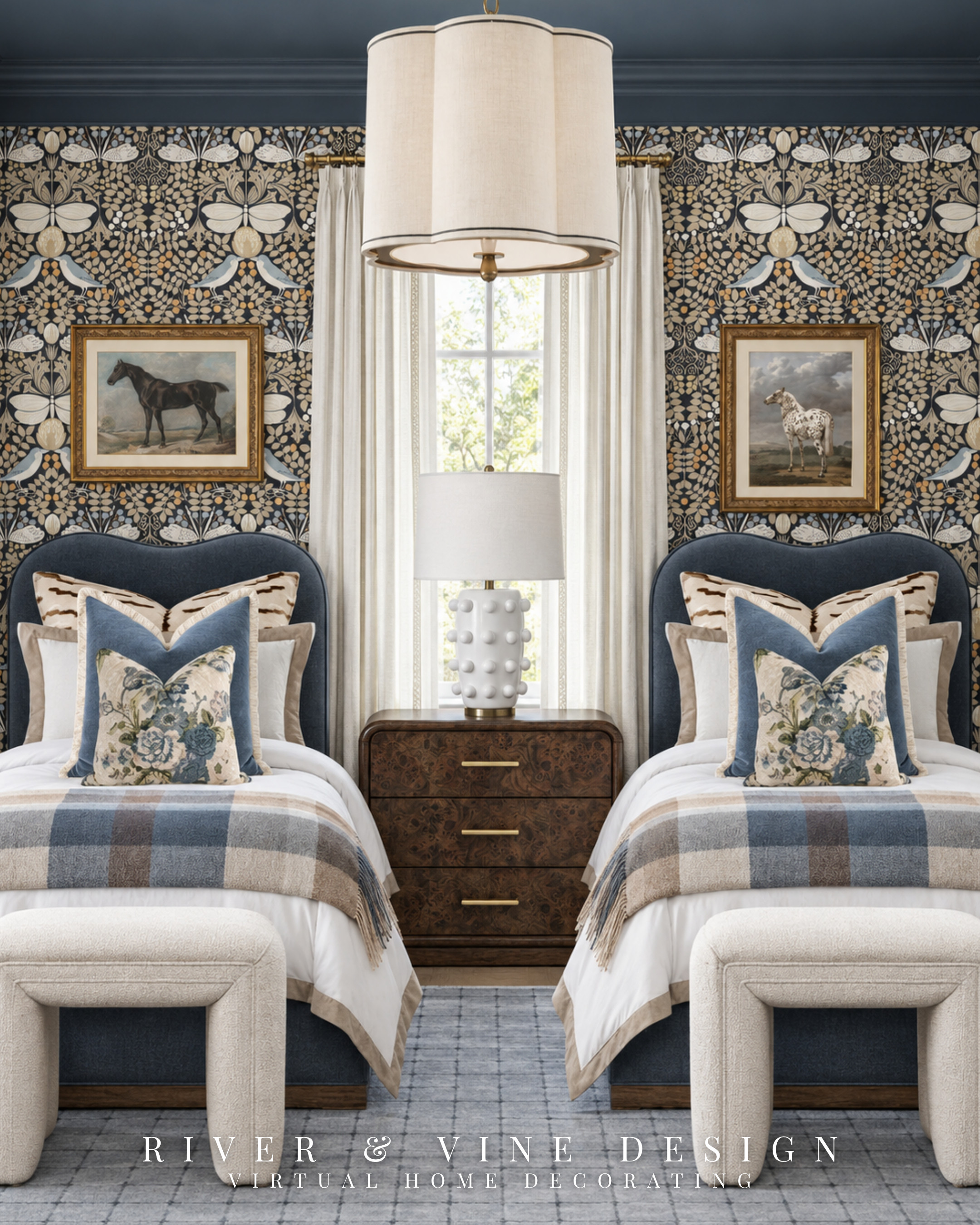 Keep your white bedding. The throw blanket and pillows are where you can bring in the personality.

In this traditional twin bedroom, the plaid throw adds a broad, structured pattern beside the smaller floral pillows and detailed botanical wallpaper. Repeating blue and cream across those pieces helps them feel connected.

Notice how much white bedding is still visible. Folding the throw across the foot keeps the pattern contained and gives your eye a place to rest between the decorative layers.

Try this when shopping: choose a throw that repeats a color from your pillows, then vary the pattern’s shape and scale. A broad plaid pairs beautifully with a more intricate floral.

Shop the featured throw blanket and pillows to bring this combination to your own white bedding.

traditional twin bedroom ideas, blue plaid throw blanket, blue floral throw pillows, layering throws on a bed, white bedding styling ideas, botanical wallpaper bedroom, navy upholstered twin beds, equestrian bedroom decor

I may receive a commission from purchases made through my links.
 

 #LTKHome #LTKKids