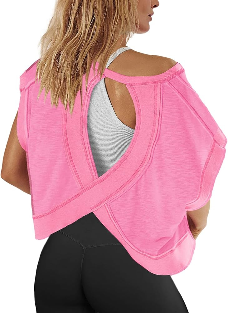Panadila Womens Open Back Workout Top Oversized Workout T Shirts Backless Athletic Shirt Short Sl... | Amazon (US)