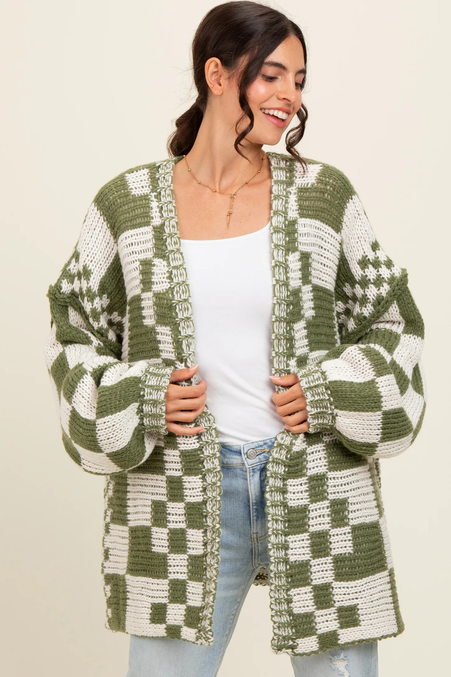 Olive Mixed Check Pattern Chunky Cardigan | PinkBlush Maternity