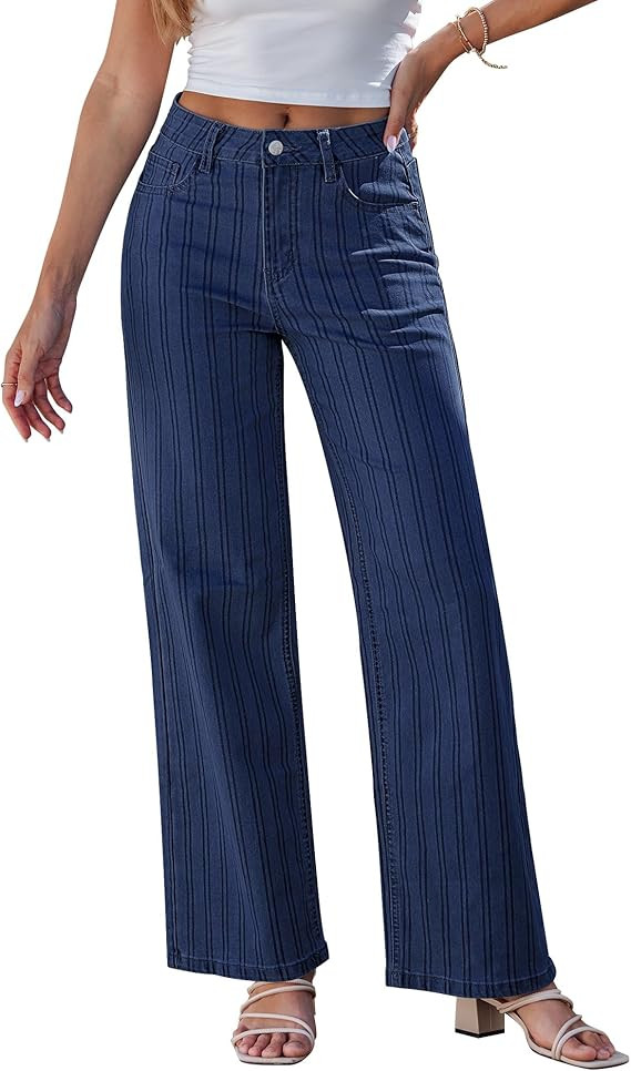 GRAPENT Striped Jeans for Women Trendy High Waisted Wide Leg Dressy Casual Slight Stretch Denim P... | Amazon (US)