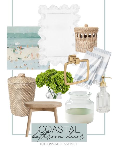 Coastal bathroom decor inspiration! This includes this wooden stool, scalloped mirror, bathroom towels, faux hydrangeas, glass vase, glass soap pump, gold towel holder, woven basket, small toiletry basket, beach artwork, and blue striped hand towels. 

coastal style, coastal bathroom, coastal home, coastal decor, beach house decor, bathroom decor, bathroom design, bathroom inspiration, coastal living, beach house decor, home decor inspiration, spring home decor, hand towels, target home decor, pottery barn home decor, serena and lily home decor, amazon home decor


#liketkit 


#LTKstyletip #LTKhome #LTKSeasonal