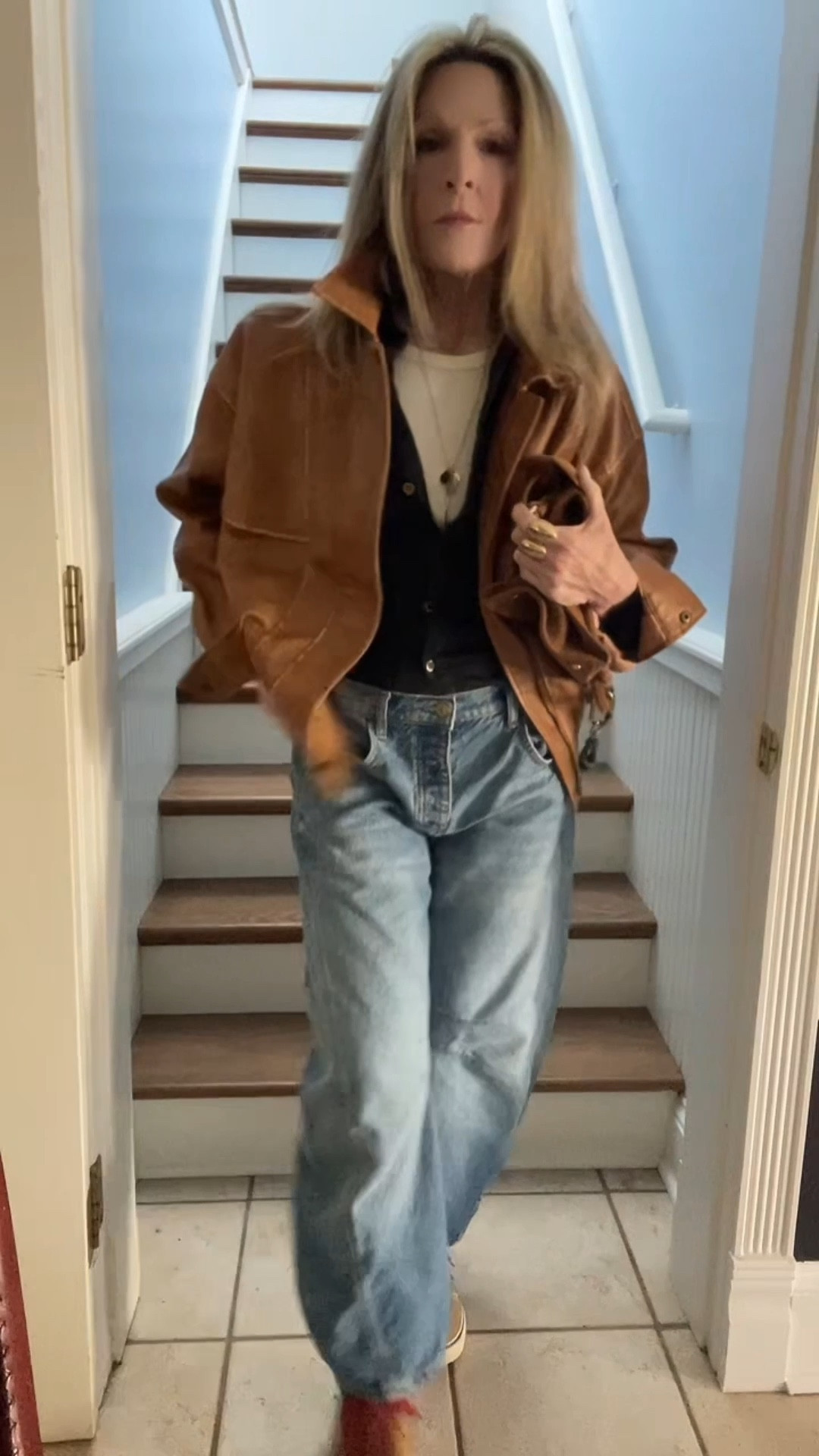 Cognac faux leather steals the show. 

#LTKOver40 #LTKootd #LTKdayinmylife