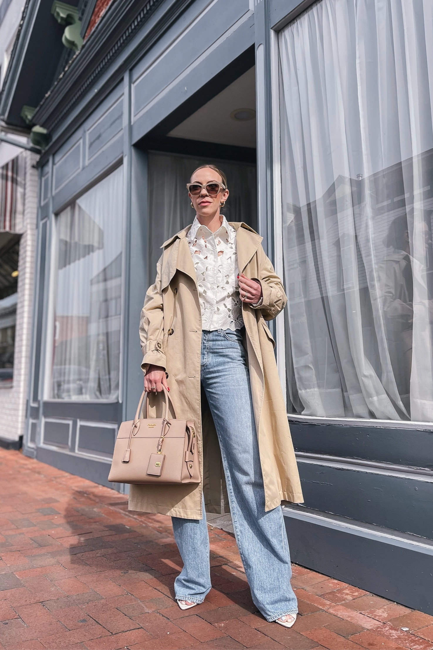 Spring trench coat outfit, lace shirt, Citizens of Humanity wide leg jeans 

#LTKFindsUnder100 #LTKSeasonal #LTKOver40