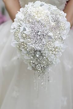 White Hydrangea Drop Brooch Bouquet Silver Wedding Bouquets Crystal Teardrop Bridal Bouquet Pearl... | Amazon (US)