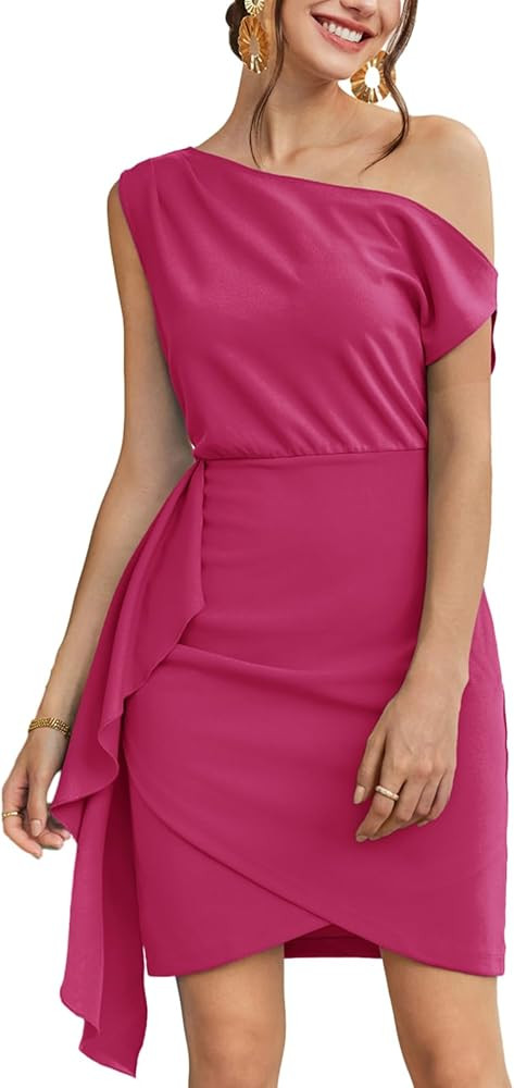 GRACE KARIN 2024 Women's Summer One Shoulder Dresses Short Sleeve Wrap Ruched Ruffle Bodycon Cock... | Amazon (US)
