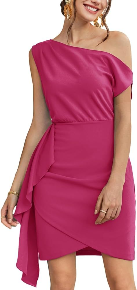 GRACE KARIN 2024 Women's Summer One Shoulder Dresses Short Sleeve Wrap Ruched Ruffle Bodycon Cock... | Amazon (US)