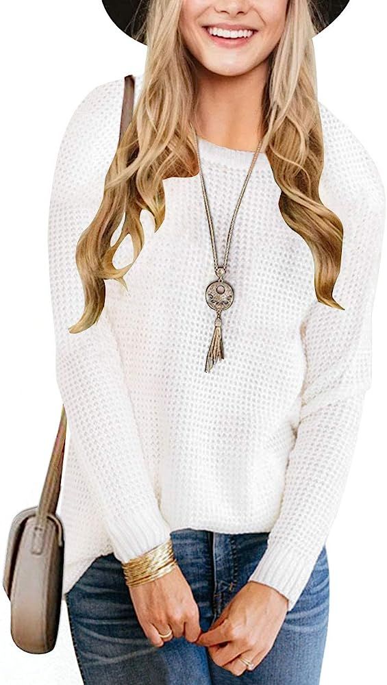 Women's Long Sleeve Waffle Knit Sweater Crew Neck Solid Color Pullover Jumper Tops | Amazon (US)