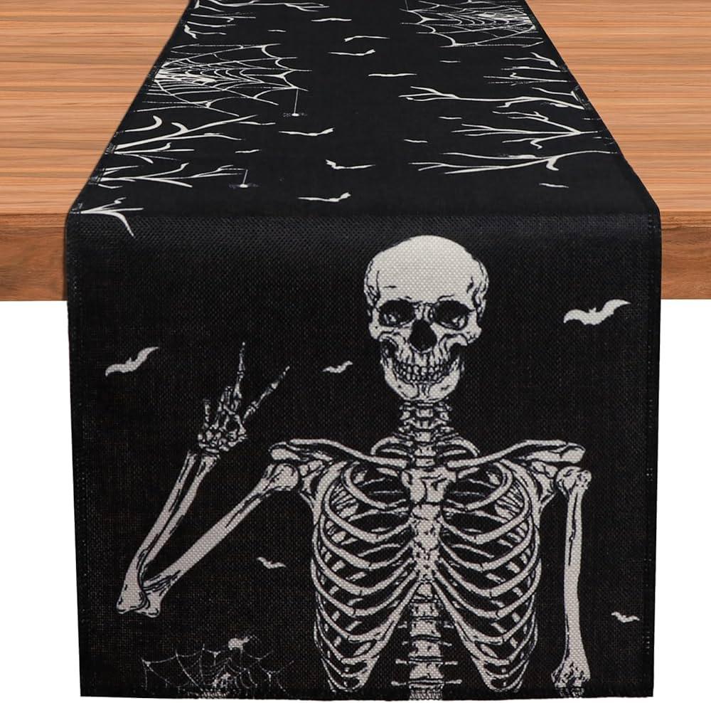 OurWarm Halloween Table Runner 72 Inches Long, Vintage Skull bat Black Burlap Halloween Table Run... | Amazon (US)