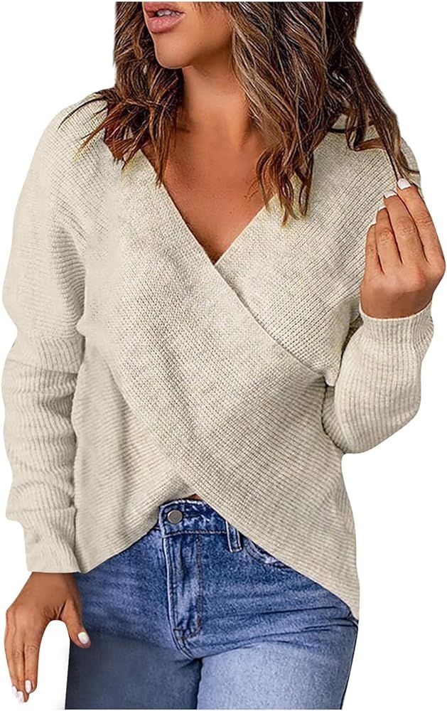 Women's Fall Fashion 2022 Solid Color V-Neck Loose Knitted Sweater Ribbed Body Cross Knit Sweater Sw | Amazon (US)