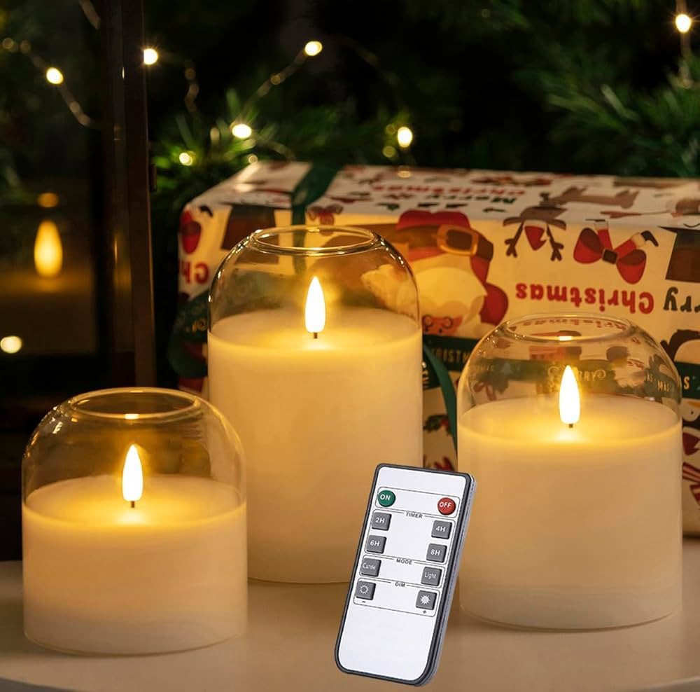White Glass Flameless Candles Set of 3 (Φ 4" H 4" 5" 6") with Remote Battery Operated Flickering... | Amazon (US)