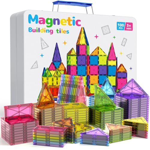 MEIQ 100Pcs Premium Magnetic Tiles Toys Set with Sturdy Iron Case, STEM Educational Building Blocks for Kids Ages 3-5 4-8, Montessori Sensory Toys, Creative Birthday Gifts for Toddler Boys & Girls | Amazon (US)