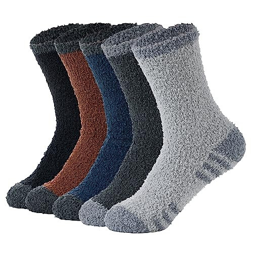 Mens Fuzzy Slipper Socks Fluffy Cozy Socks Unisex Winter Warm Sleep Socks Crew Fleece Socks Women Black & Navy & Light Gray & Brown & Dark Gray | Amazon (US)