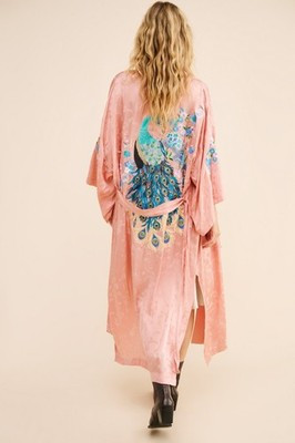 Women's Nuuly x SPELL Pink Embroidered Peacock Silky Robe Size S/M Small Medium | eBay US