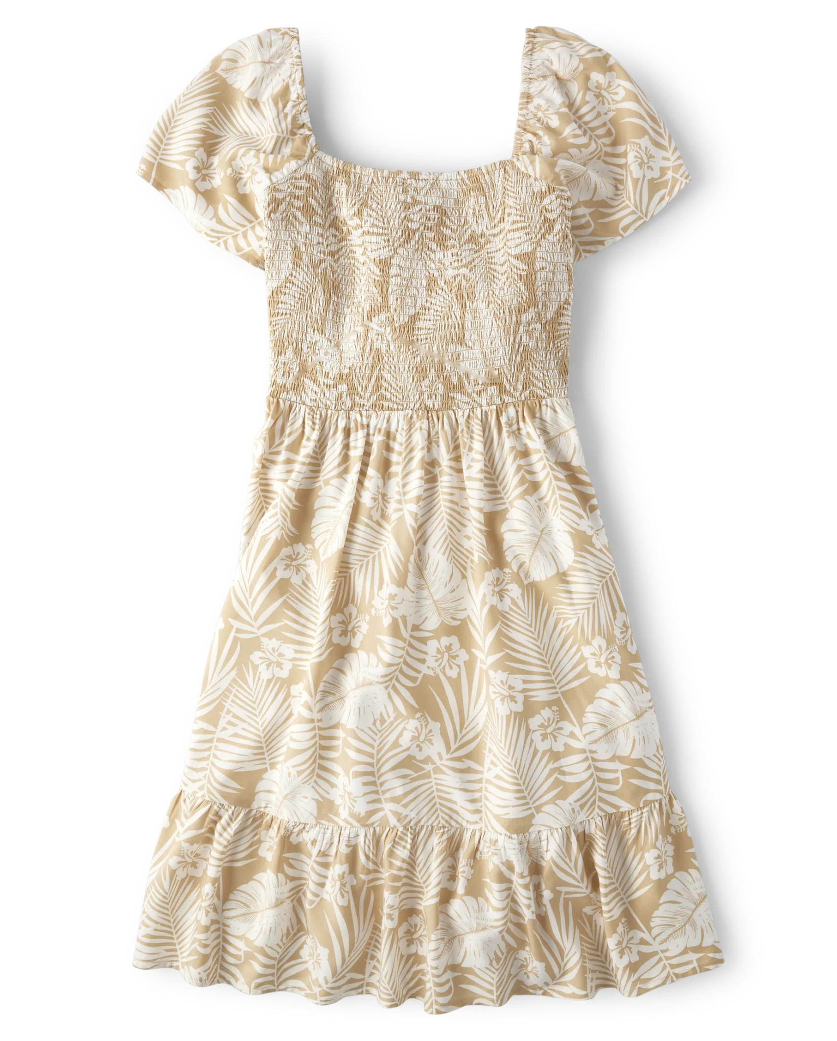 Womens  Matching Family Short Flutter Sleeve Tropical Print Woven Smocked Tiered Dress | The Chil... | The Children's Place