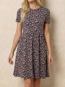 LocalFaunlyn Valentine's Day Ladies' Summer Round Neck Floral Print A-Line Short Elegant Dress | SHEIN