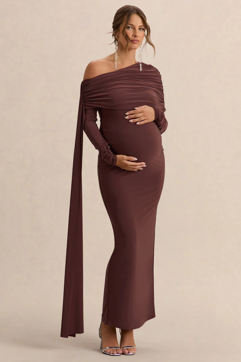 Cyra  Brown Asymmetric-Neck Maternity Maxi Dress With Sash | Club L London