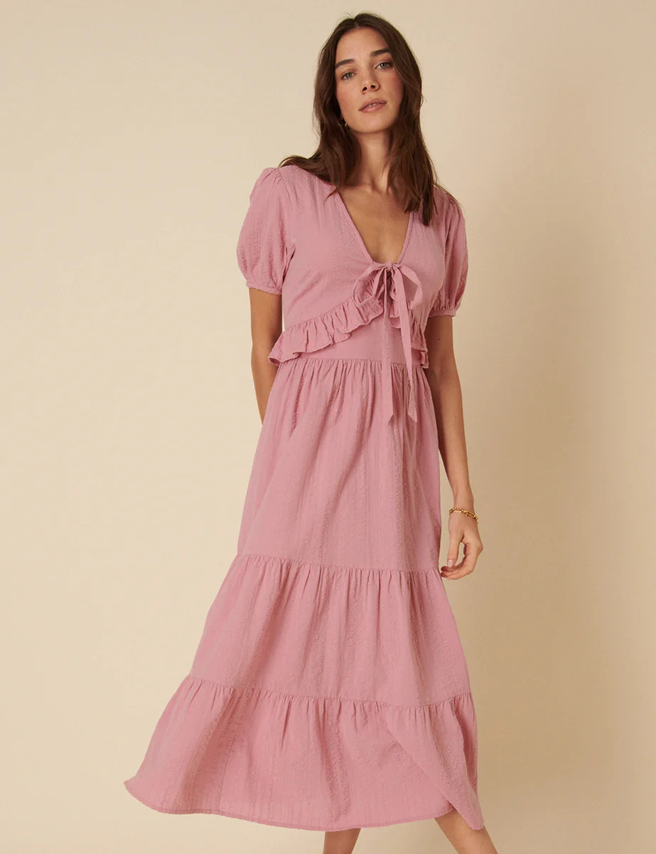 Pink Ruffle Tiered Katie Midi Dress | Nobody's Child