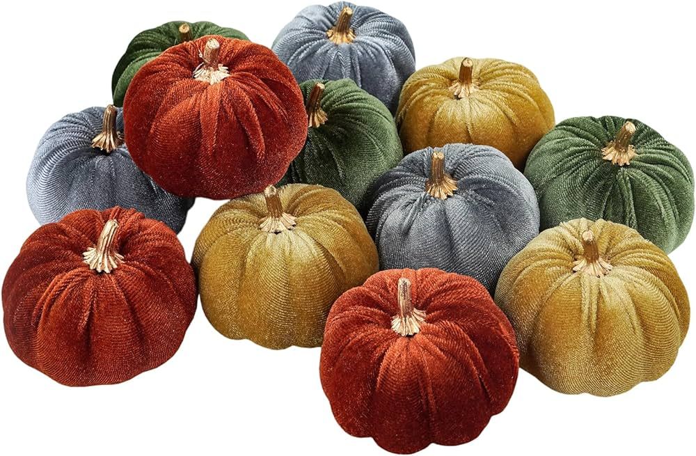 Winlyn 12 Pcs Assorted Small Faux Harvest Velvet Pumpkins Decorative Rust Olive Gold Gray Fabric ... | Amazon (US)