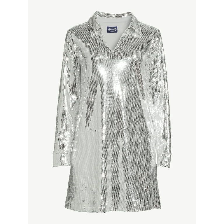 Scoop Women's Relaxed Sequin Shirt Dress with Long Sleeves - Walmart.com | Walmart (US)