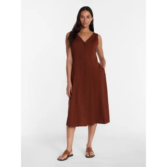Time and Tru Women's Sleeveless Button Down Linen Blend Dress, Sizes XS-XXXL | Walmart (US)