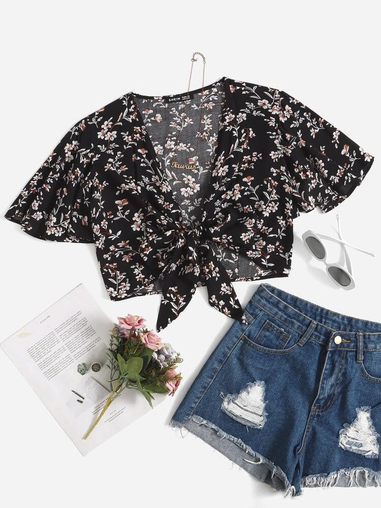 SHEIN PETITE Floral Print Knot Front Butterfly Sleeve Crop Top | SHEIN